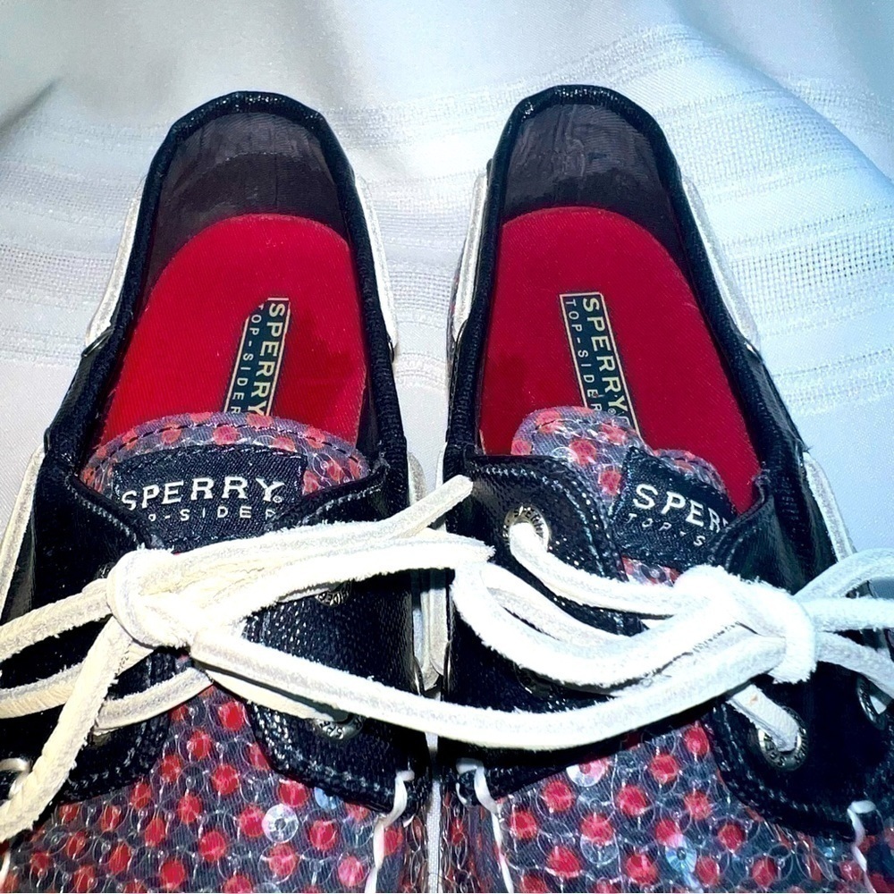 Sperry Top‎ Sider 2-eye Navy Red Polka Dots Clear Sequins Boat Shoes Sz 8 EUC - Picture 9 of 12